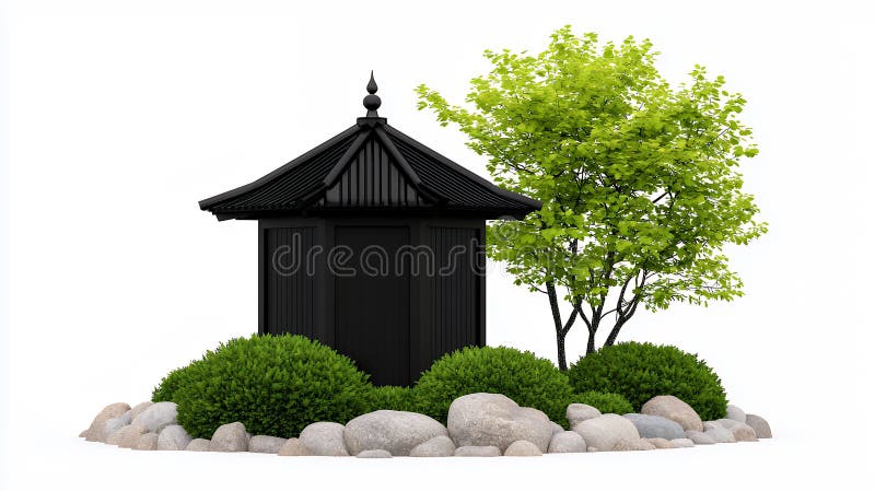 Black Hexagonal Gazebo with Green Shrubs and Tree in Minimalist stock illustration