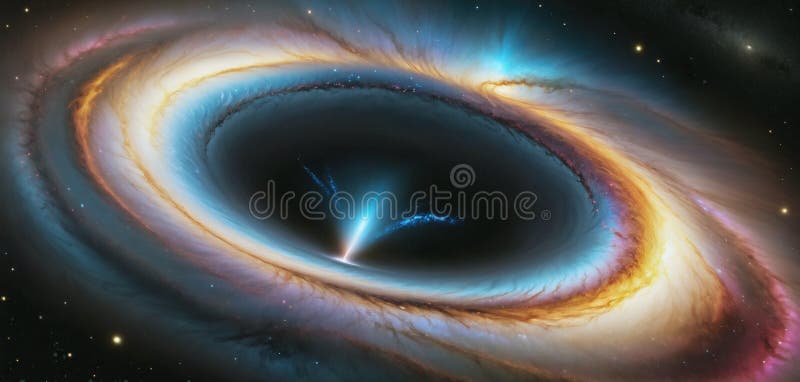 A black hole with a glowing Swirl of various colored nebulae attracting and sucking in light and matter revolves in universe far royalty free illustration