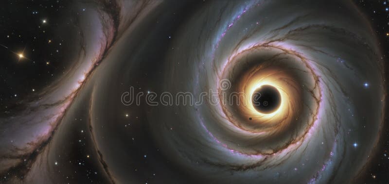 A black hole with a glowing Swirl of various colored nebulae attracting and sucking in light and matter revolves in universe far royalty free illustration