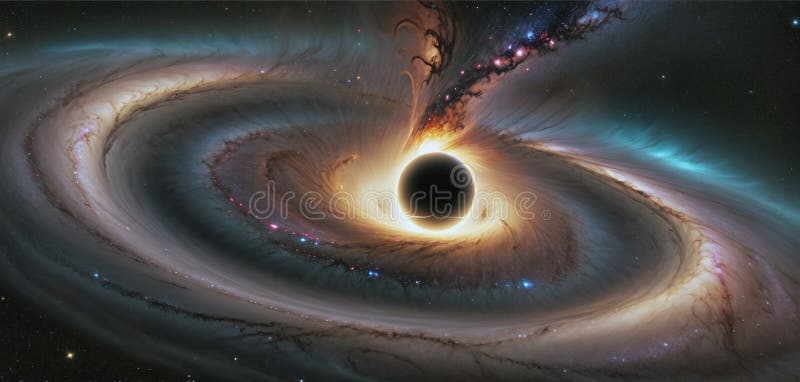A black hole with a glowing Swirl of various colored nebulae attracting and sucking in light and matter revolves in universe far royalty free illustration