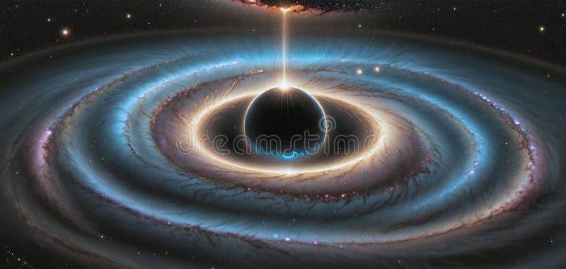 A black hole with a glowing Swirl of various colored nebulae attracting and sucking in light and matter revolves in universe far royalty free illustration