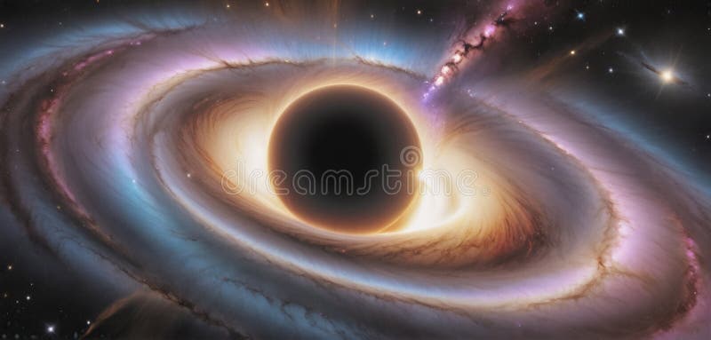 A black hole with a glowing Swirl of various colored nebulae attracting and sucking in light and matter revolves in universe far royalty free illustration