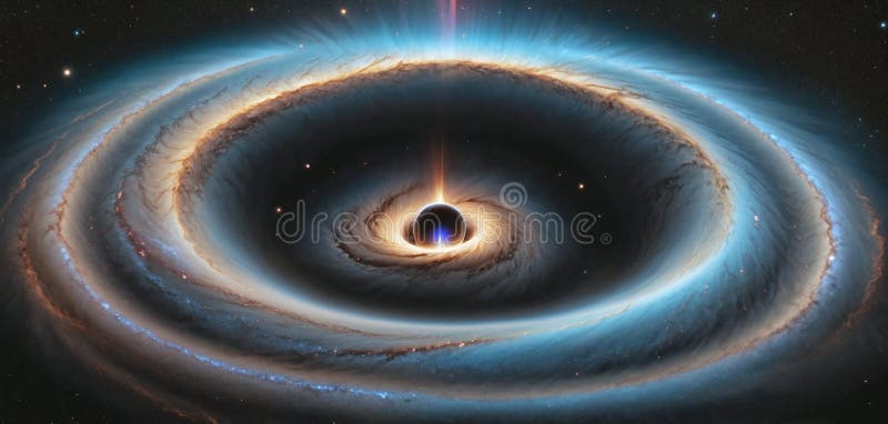 A black hole with a glowing Swirl of various colored nebulae attracting and sucking in light and matter revolves in universe far vector illustration