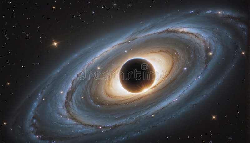 A black hole with a glowing Swirl of various colored nebulae attracting and sucking in light and matter revolves in universe far stock illustration