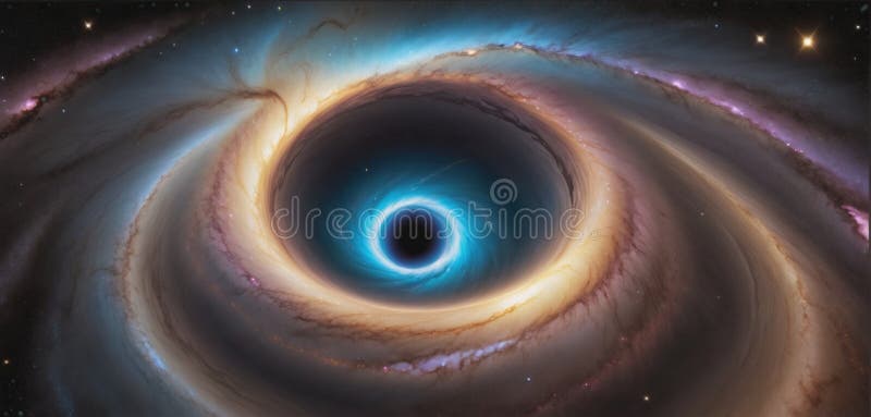 A black hole with a glowing Swirl of various colored nebulae attracting and sucking in light and matter revolves in universe far stock illustration