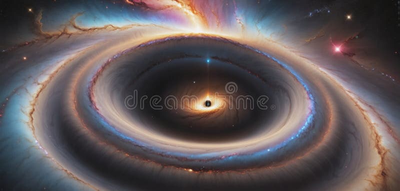 A black hole with a glowing Swirl of various colored nebulae attracting and sucking in light and matter revolves in universe far stock illustration