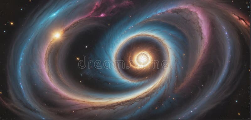 A black hole with a glowing Swirl of various colored nebulae attracting and sucking in light and matter revolves in universe far royalty free illustration