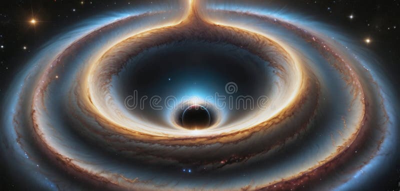 A black hole with a glowing Swirl of various colored nebulae attracting and sucking in light and matter revolves in universe far vector illustration
