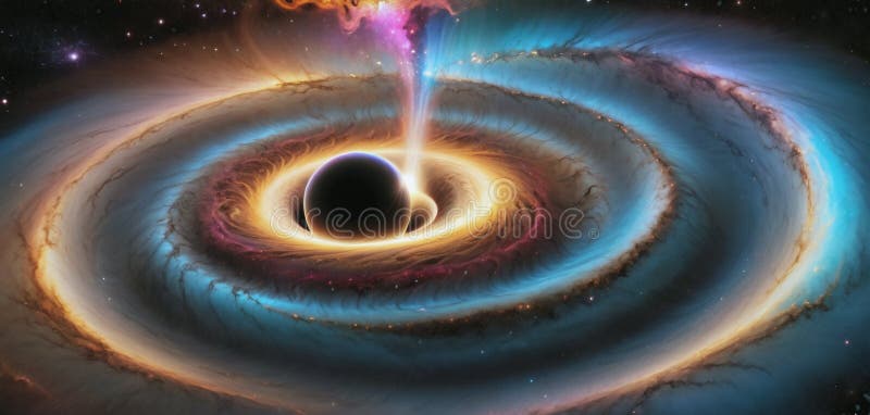 A black hole with a glowing Swirl of various colored nebulae attracting and sucking in light and matter revolves in universe far vector illustration