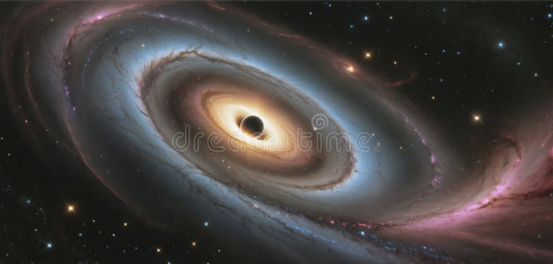 A black hole with a glowing Swirl of various colored nebulae attracting and sucking in light and matter revolves in universe far stock illustration