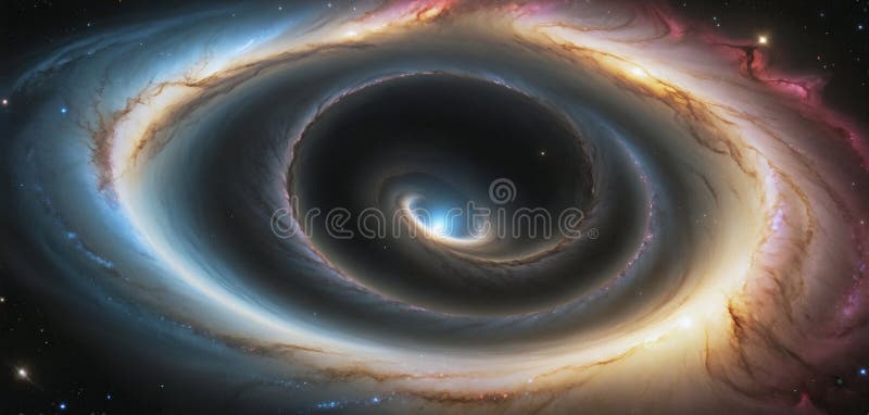 A black hole with a glowing Swirl of various colored nebulae attracting and sucking in light and matter revolves in universe far royalty free illustration