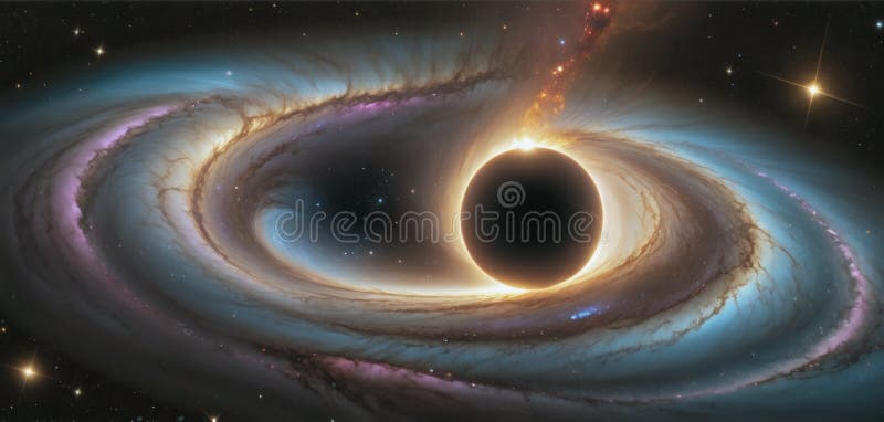 A black hole with a glowing Swirl of various colored nebulae attracting and sucking in light and matter revolves in universe far royalty free illustration