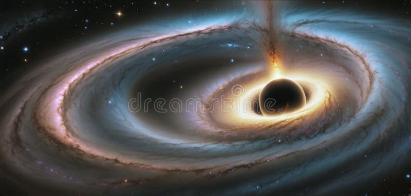 A black hole with a glowing Swirl of various colored nebulae attracting and sucking in light and matter revolves in universe far vector illustration
