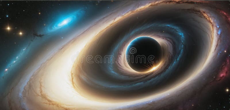 A black hole with a glowing Swirl of various colored nebulae attracting and sucking in light and matter revolves in universe far stock illustration