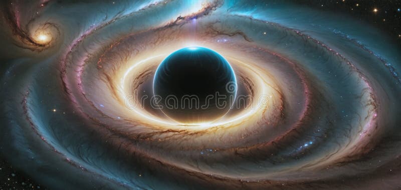 A black hole with a glowing Swirl of various colored nebulae attracting and sucking in light and matter revolves in universe far stock illustration