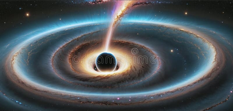 A black hole with a glowing Swirl of various colored nebulae attracting and sucking in light and matter revolves in universe far vector illustration