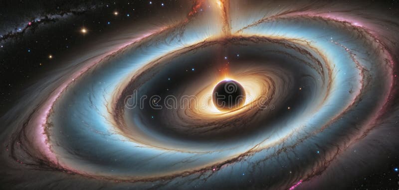 A black hole with a glowing Swirl of various colored nebulae attracting and sucking in light and matter revolves in universe far stock illustration
