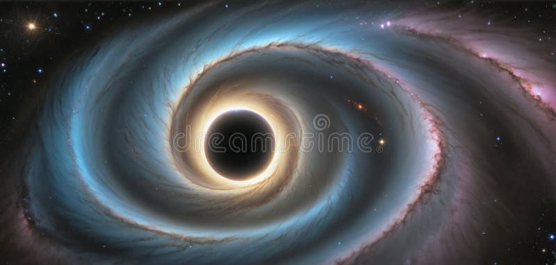 A black hole with a glowing Swirl of various colored nebulae attracting and sucking in light and matter revolves in universe far stock illustration