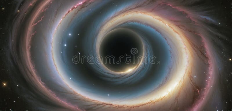 A black hole with a glowing Swirl of various colored nebulae attracting and sucking in light and matter revolves in universe far stock illustration