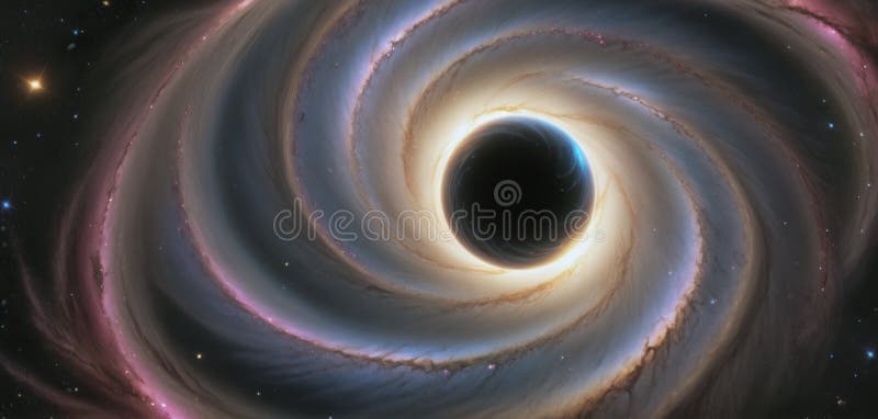 A black hole with a glowing Swirl of various colored nebulae attracting and sucking in light and matter revolves in universe far stock illustration