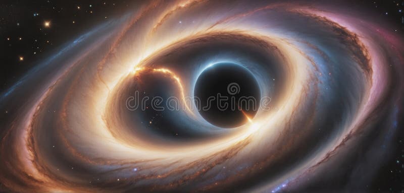 A black hole with a glowing Swirl of various colored nebulae attracting and sucking in light and matter revolves in universe far royalty free illustration