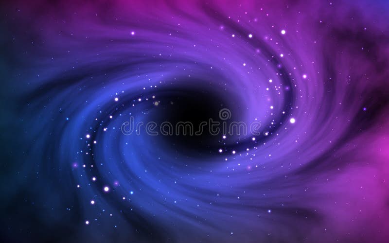 Black hole in outer space. Vortex in cosmos with stars and stardust. Object in universe. Colorful galaxy with planet and stock illustration