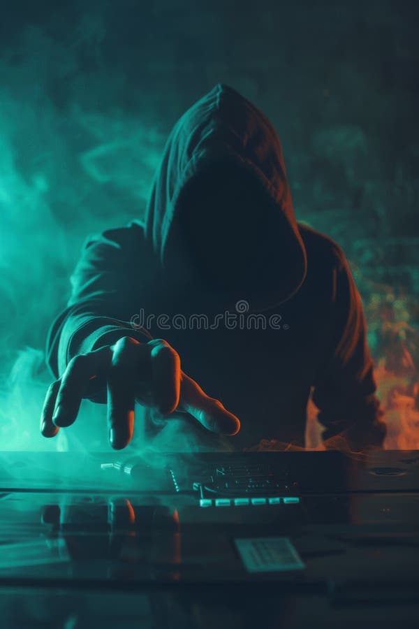 Hacker negru cu glugă care solicită o mână de răscumpărare întinsă pe o masă cu date sensibile la hackeri într-o aură a criminalit royalty free illustration