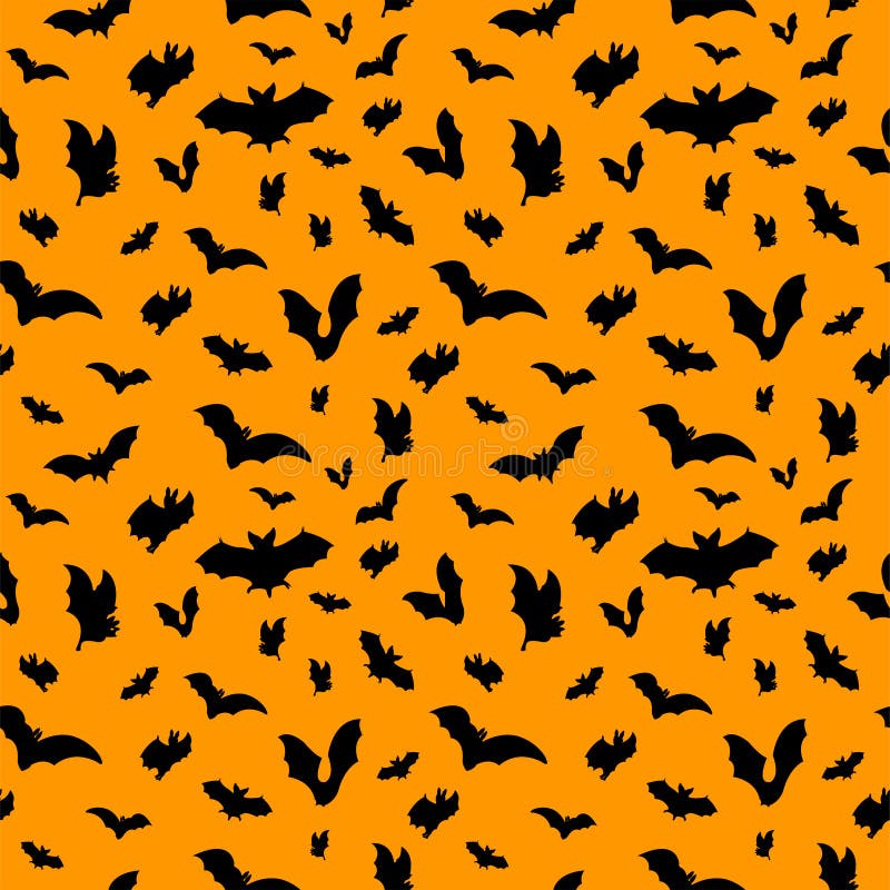 Black Icon Bats Pattern on Orange Background. Vector Illustration Stock