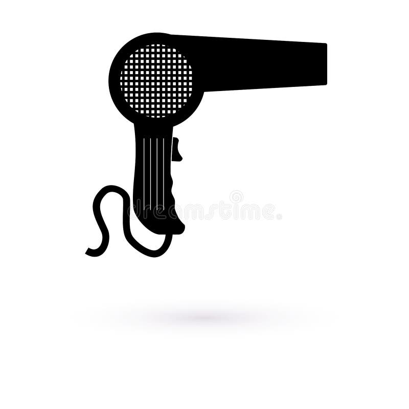 Black hair dryer for drying the head, it is plastic, metal, reflects,  glares, painted in watercolor, isolated on a white background. Stock  drawing. Stock Illustration