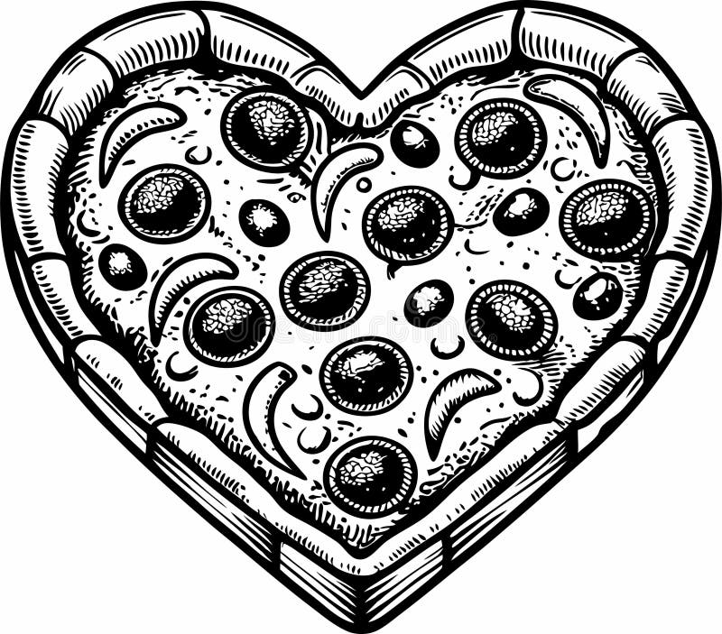 Heartshaped Pizza Ink Vector Sketch. Black Illustration, Etching