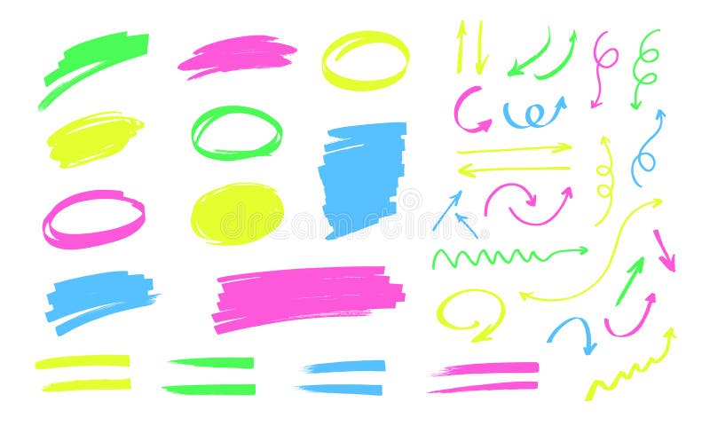 Colorful highlighter doodles isolated on white background. Frames for text, lines and arrows drawn with markers.