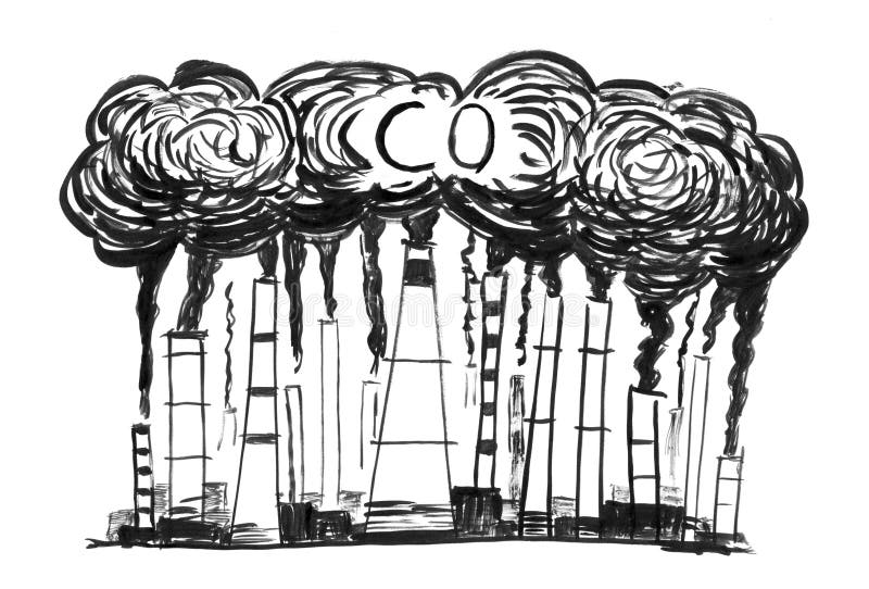 Black Ink Grunge Hand Drawing of Smoking Smokestacks, Concept of Industry or Factory CO Air Pollution