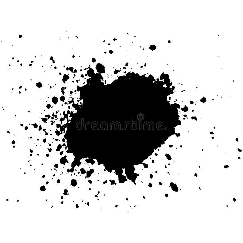 Black Ink paint blob with splatter on white background. Stain