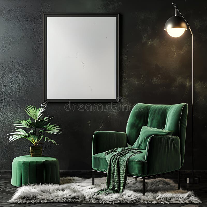 A Black Interior Room with Green Sofa, Empty Mockup Frame Modern