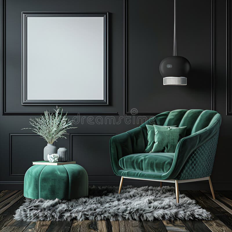A Black Interior Room with Green Sofa, Empty Mockup Frame Modern