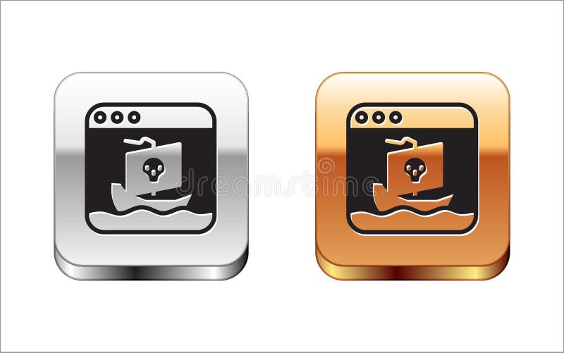 Black Internet piracy icon isolated on white background. Online piracy. Cyberspace crime with file download and movies vector illustration