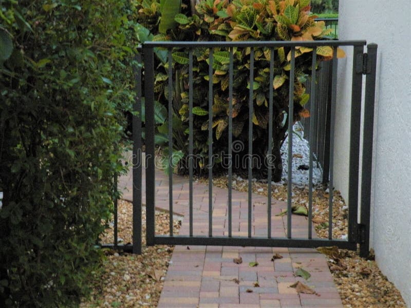 Black Iron Gate Leading To Backyard. Stock Photo Image of unlocked
