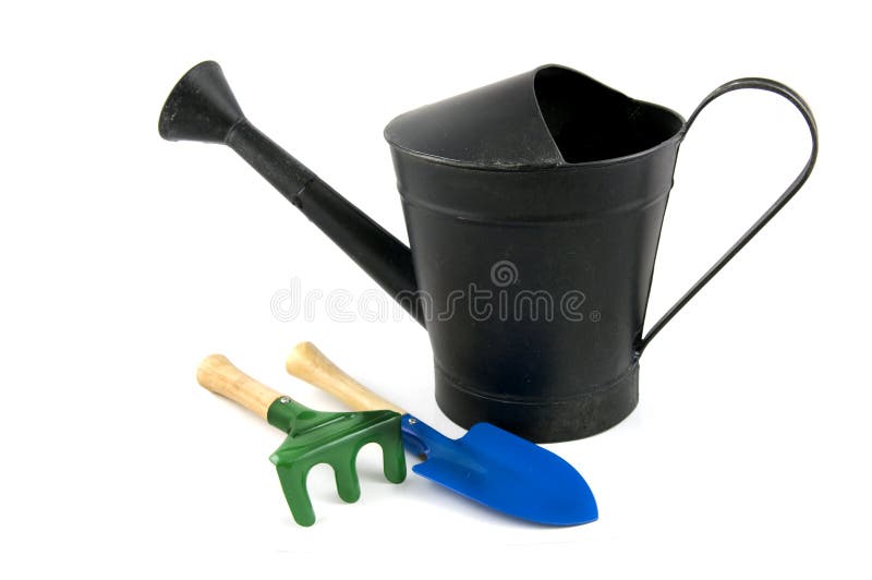 Black Iron Watering Can With Shovel And Rake Stock Photo - Image of ...