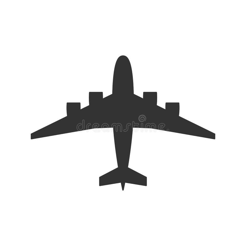 Black isolated silhouette of airplane on white background. View from above of aeroplane.