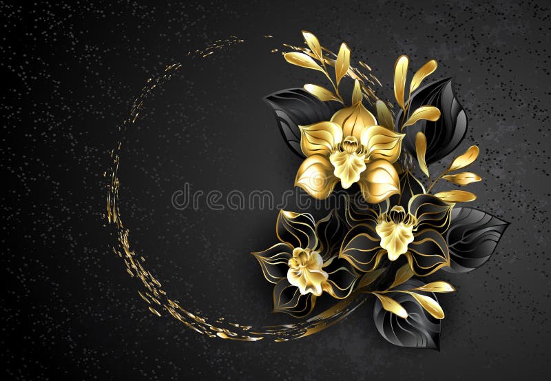 Black jewelry orchid with gold paint. Composition of black jewelry orchids, with black and gold decorative leaves on textured background with drops of paint