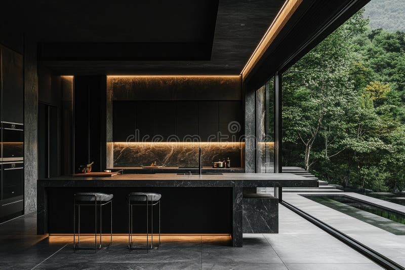 Black Kitchen with Marble Counter Top stock photo