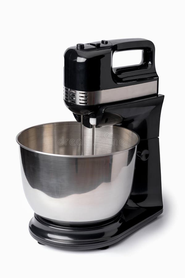 Black Kitchen Mixer with Metal Bowl on White Insulated Background Stock