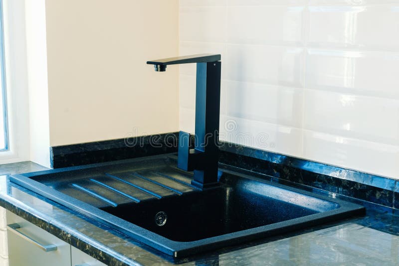 Black Kitchen Sink For Dishes On A Marble Countertop Khon Set