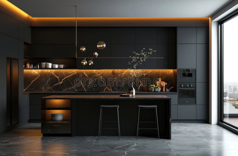 Black Kitchen with White Counter Tops Stock Image Image of space