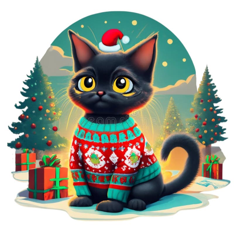 black kitten on the background of christmas trees round graphics