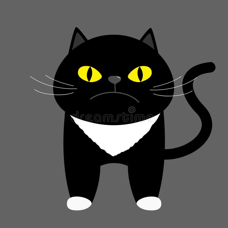 Black kitten cat with yellow eyes. Cute cartoon funny character. Kawaii animal. Face with moustaches, nose, ears, tail. White paw.