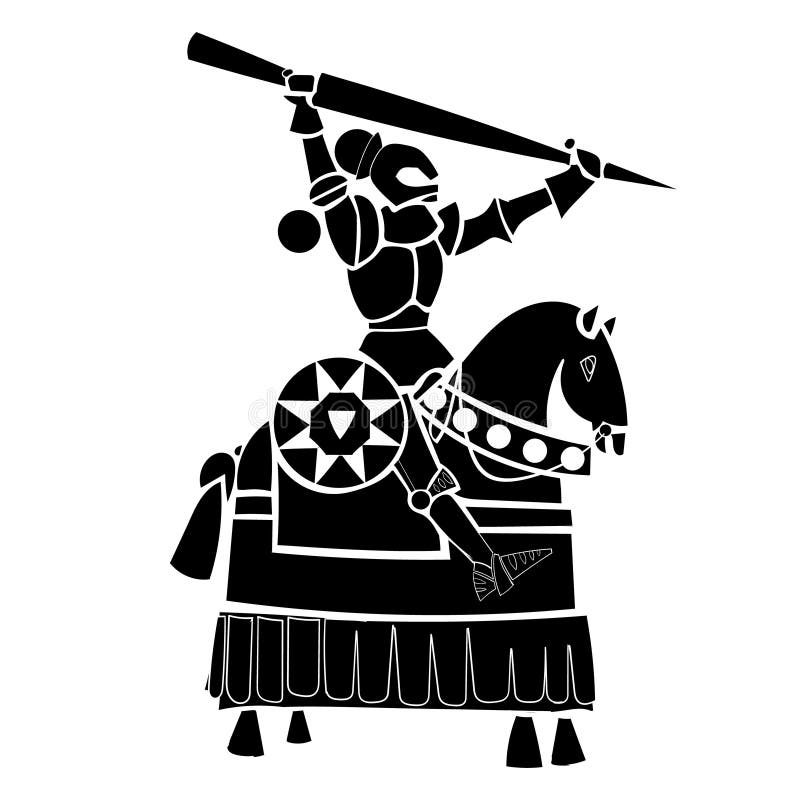 black and white cartoon knight on horse