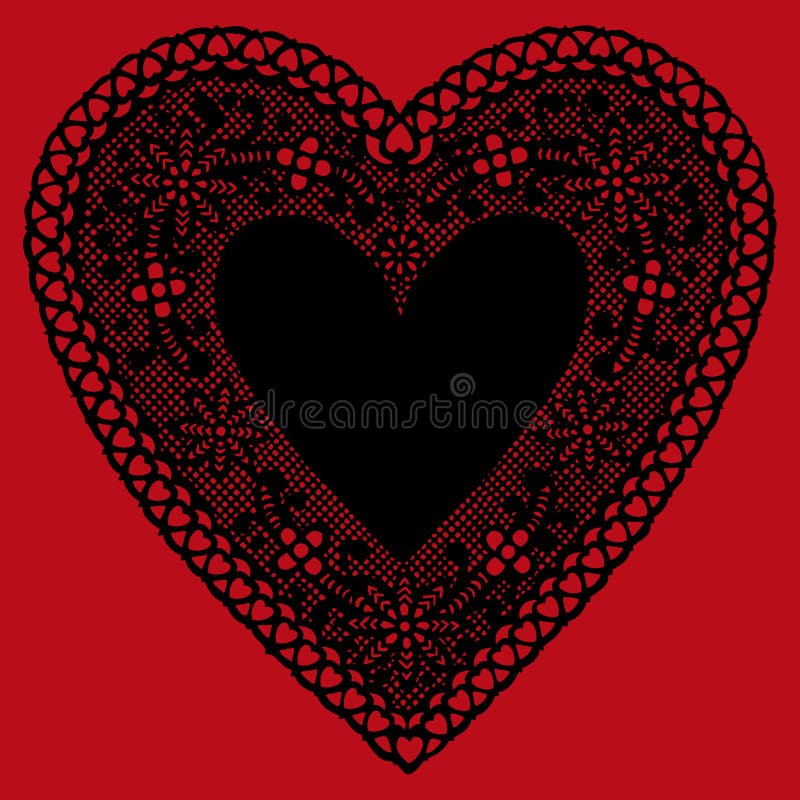 Black Lace Heart Doily on Red Background