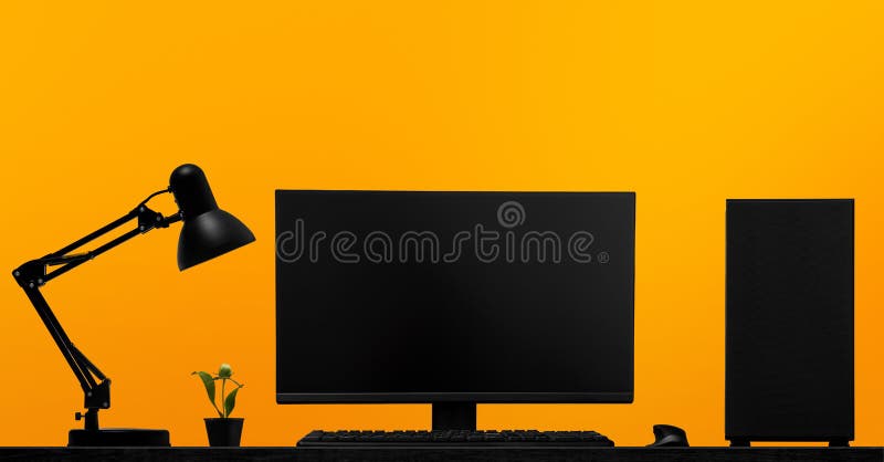 Black lamp, desktop computer and lcd display stand on table stock images