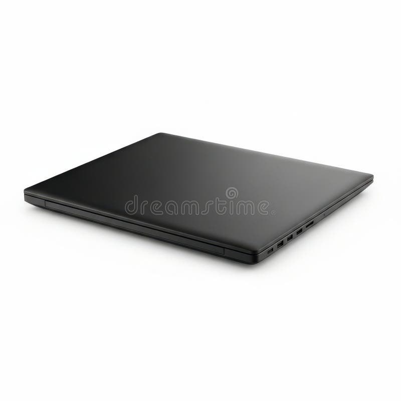 This image features a sleek, black laptop with a smooth, glossy finish. The laptop is positioned at an angle, showcasing its side profile. It is isolated on a white background, and the image has a transparent background, making it suitable for various design applications. The laptop appears to be a modern, slim model, likely designed for portability and style. Laptop side angle illustrations